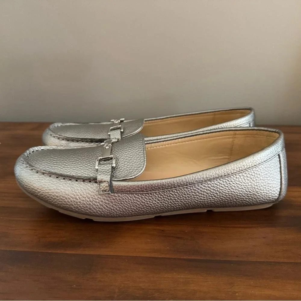Calvin Klein Silver Bit Loafers Metallic Pebbled Leather Flats‎ 8.5 Quiet Luxury